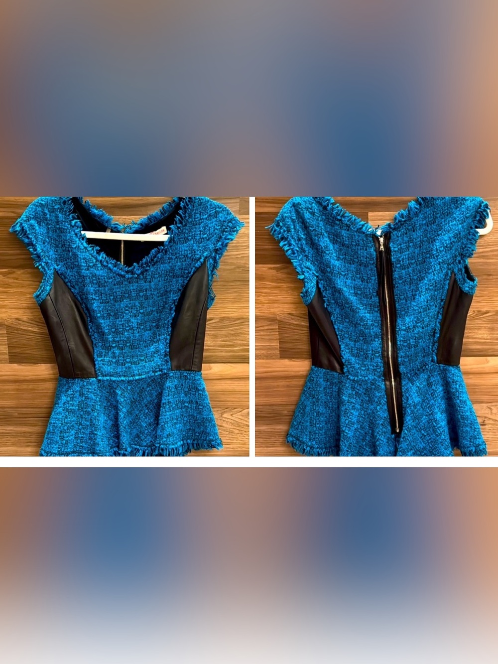 Rebecca Taylor Leather Tweed Turquoise Blue Black Lined Peplum Zip Chic Top 4